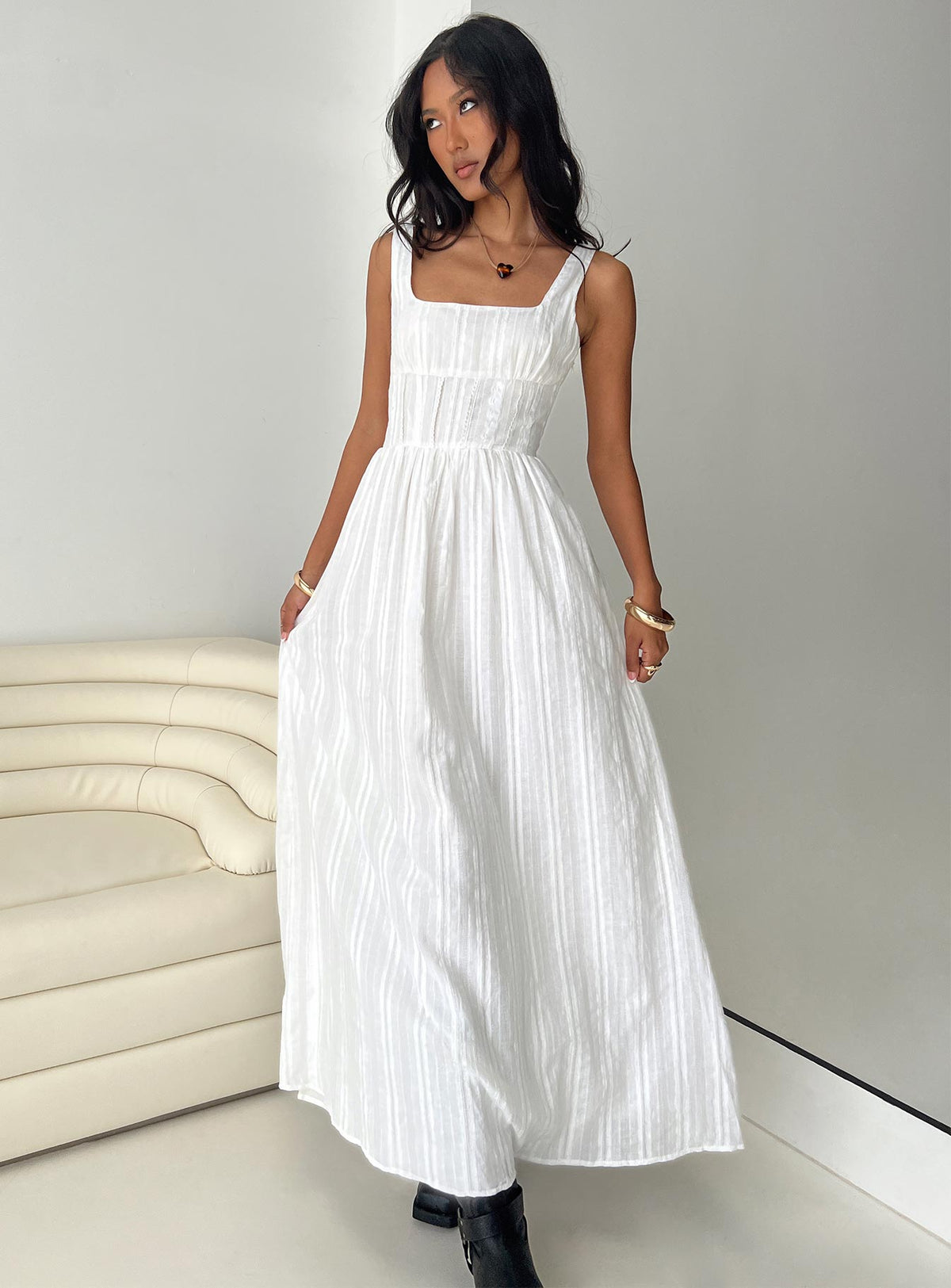 side view of model wearing Princess Polly Lorinda Maxi Dress White Square Neck 