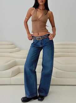 front view of model wearing Princess Polly Everlong Mid Rise Wide Leg Jeans Dark Blue Wash Mid Rise Jeans Jeans 