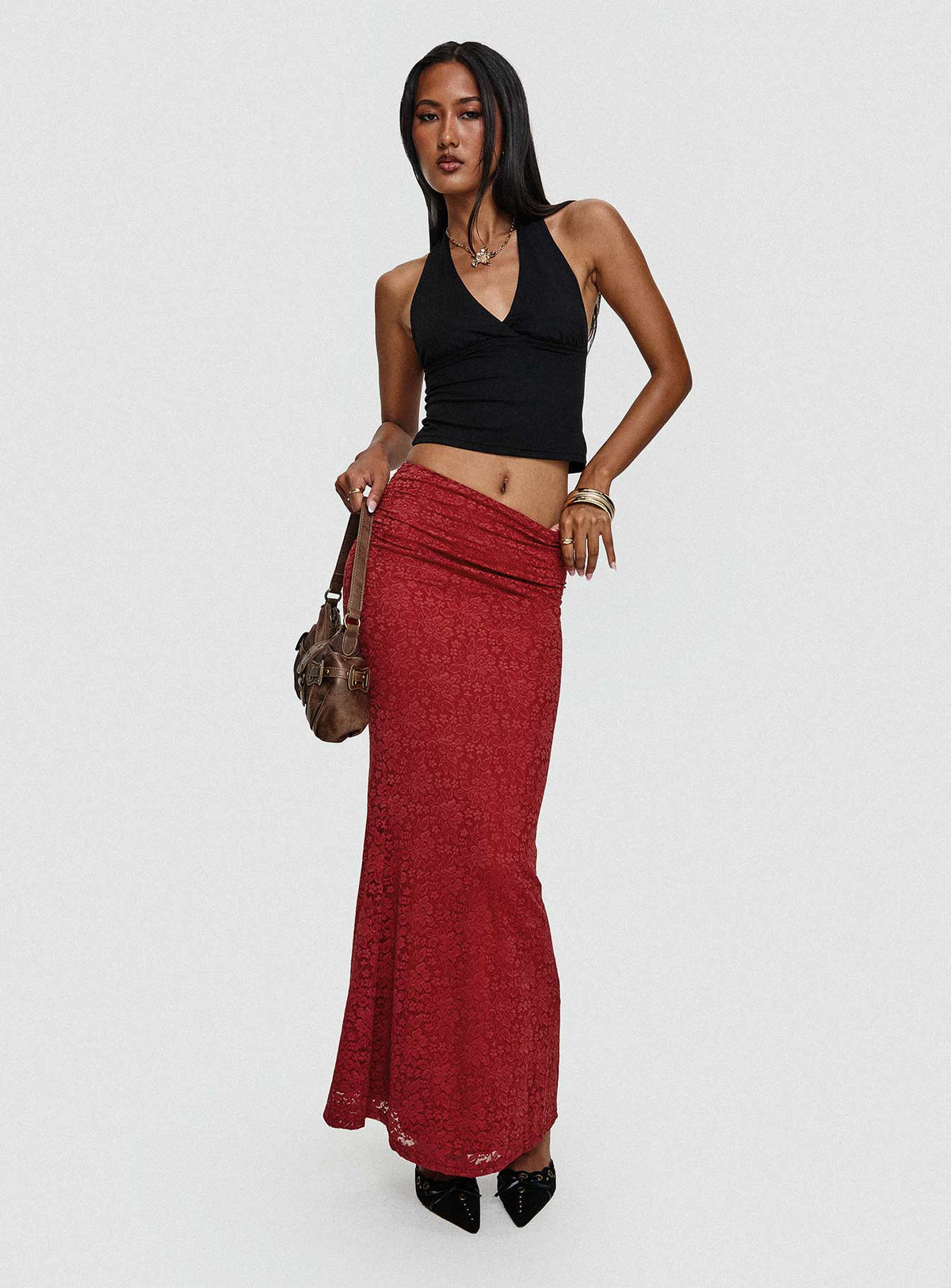   front view of model wearing Princess Polly Silene Maxi Skirt Red Skirts 