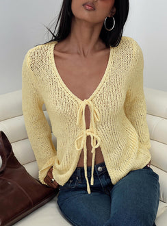 front view of model wearing Princess Polly Swain Knit Cardigan Lemon Jumpers 