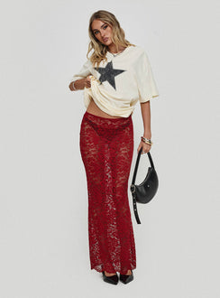   front view of model wearing Princess Polly Lombardio Lace Maxi Skirt Burgundy Maxi Skirts Skirts 