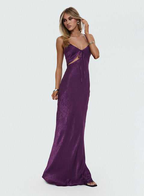 side view of model wearing Princess Polly Linger Bias Cut Maxi Dress Purple V-Neck 