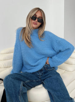 front view of model wearing Princess Polly Gavelston Crew Neck Waffle Sweater Blue Longline Jumpers Jumpers 