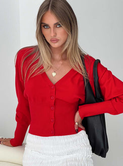 front view of model wearing Princess Polly Wistfully Knit Cardigan Red Jumpers 