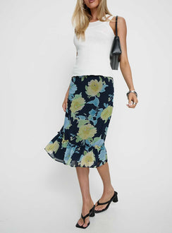 back view of model wearing Princess Polly Tarla Midi Skirt Crystal Black Flower Midi Skirts Skirts 
