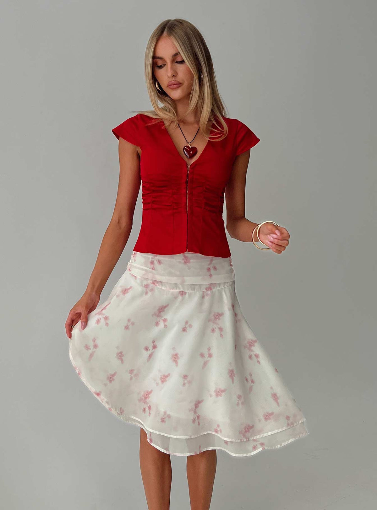   front view of model wearing Princess Polly Charisse Asymmetrical Midi Skirt Floral Skirts 