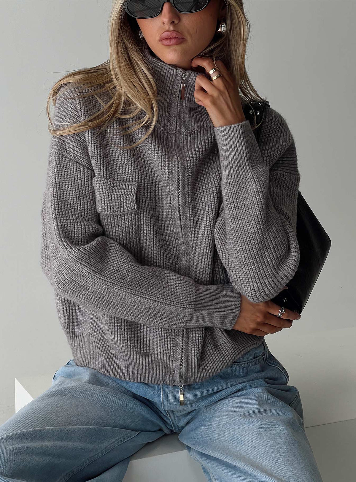 front view of model wearing Princess Polly Too Busy Zip Up Sweater Grey Cropped Jumpers Jumpers 