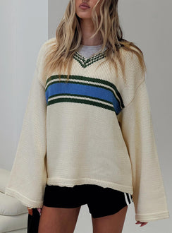 front view of model wearing Princess Polly Old Sport Knit Sweater Multi Longline Jumpers Jumpers 