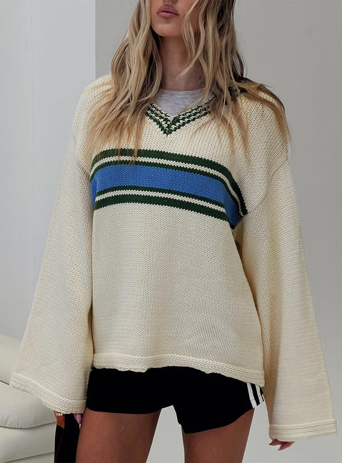 front view of model wearing Princess Polly Old Sport Knit Sweater Multi Longline Jumpers Jumpers 