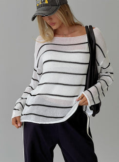 front view of model wearing Princess Polly Alperton Knit Sweater Cream Stripe Longline Jumpers Jumpers 