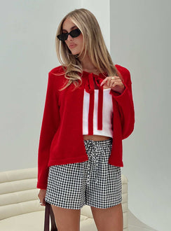 back view of model wearing Princess Polly Norine Tie Up Knit Sweater Red Cropped Jumpers Jumpers 