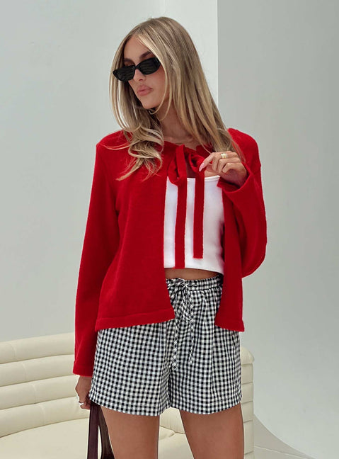 back view of model wearing Princess Polly Norine Tie Up Knit Sweater Red Cropped Jumpers Jumpers 