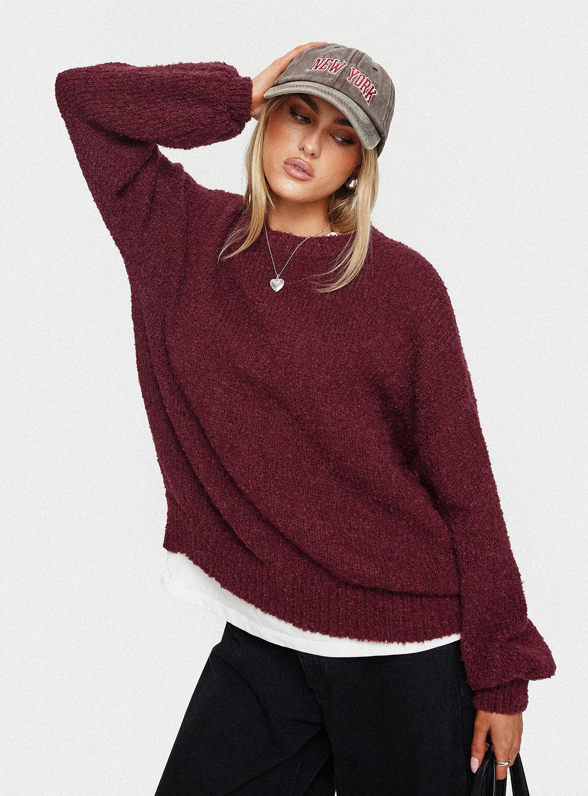 side view of model wearing Princess Polly Niomie Knit Sweater Burgundy Longline Jumpers Jumpers 