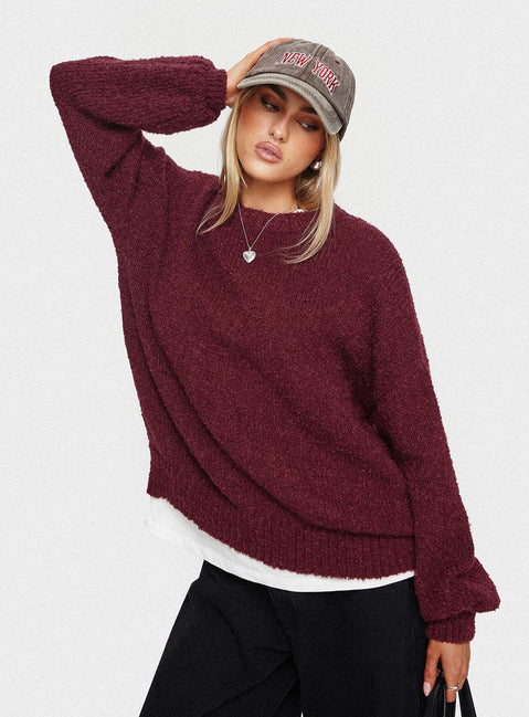 side view of model wearing Princess Polly Niomie Knit Sweater Burgundy Longline Jumpers Jumpers 
