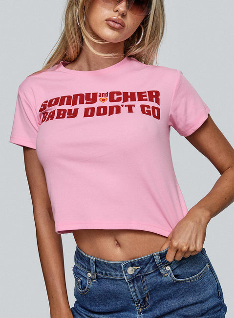 back view of model wearing Princess Polly Sonny And Cher Vintage Graphic Top Pink Short Sleeves Crew Neck 
