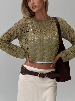 side view of model wearing Princess Polly Birdena Sweater Green Cropped Jumpers Jumpers 