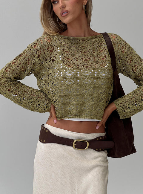 side view of model wearing Princess Polly Birdena Sweater Green Cropped Jumpers Jumpers 
