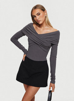 side view of model wearing Princess Polly Sundlow Off Shoulder Bodysuit Slate Long Sleeve Tops Bodysuit 