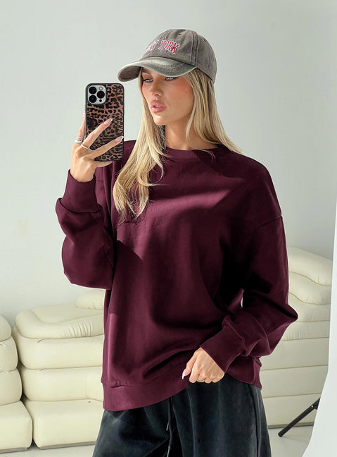 product Princess Polly All Day Crewneck Sweatshirt Wine Longline Jumpers Jumpers 