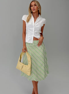   side view of model wearing Princess Polly Vettie Midi Skirt Green Multi Midi Skirts Skirts 