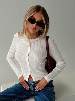 front view of model wearing Princess Polly Cowrie Long Sleeve Button Up Top White Full Sleeves Crew Neck 
