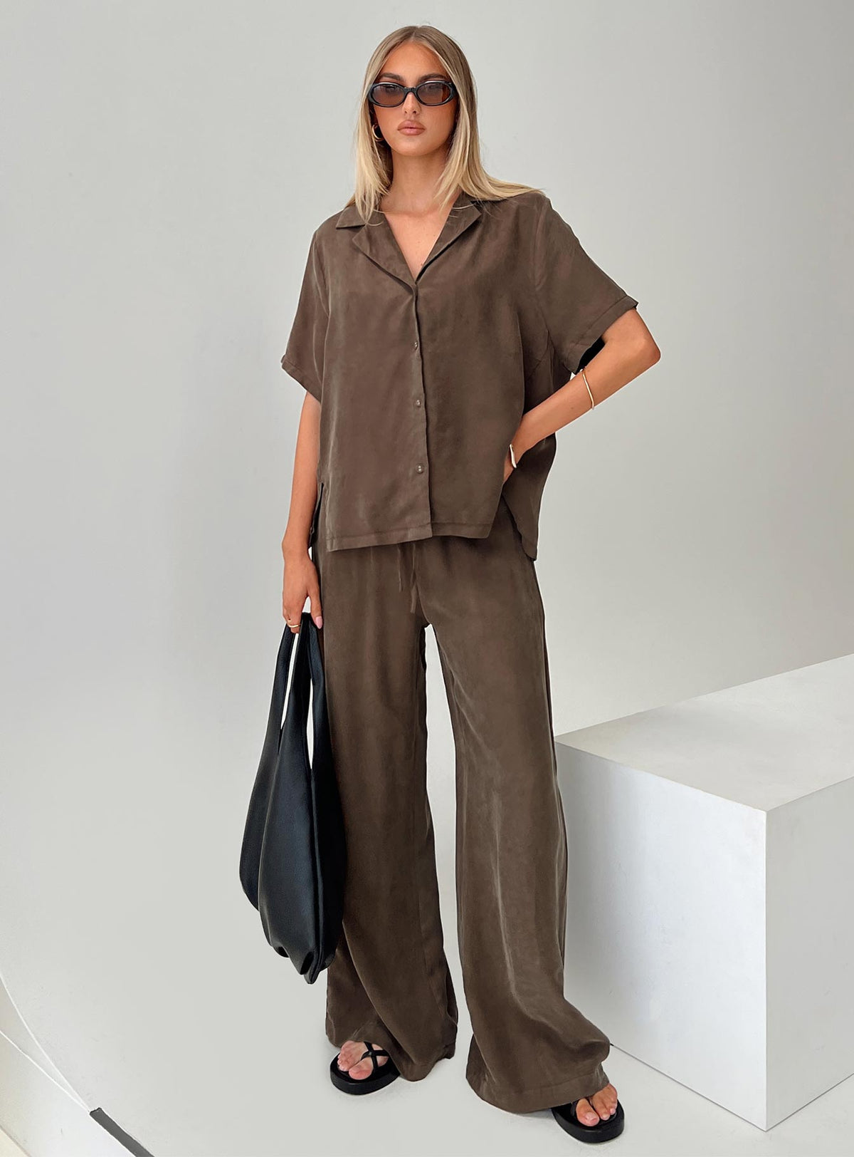 front view of model wearing Princess Polly Mahlab Pants Chocoloate High Rise Pants Pants 