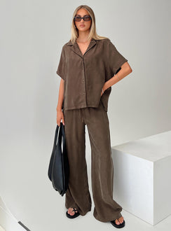 front view of model wearing Princess Polly Mahlab Pants Chocoloate High Rise Pants Pants 