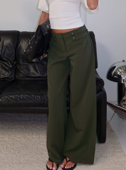 back view of model wearing Princess Polly Jette Tailored Buckle Pant Green Pinstripe High Rise Pants Pants 