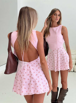 back view of model wearing Princess Polly Kandie Patchwork Mini Dress Pink Multi Crew Neck 