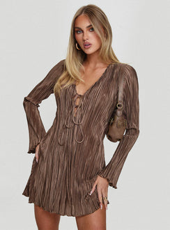 side view of model wearing Princess Polly Malop Long Sleeve Mini Dress Chocolate Petite V-Neck 