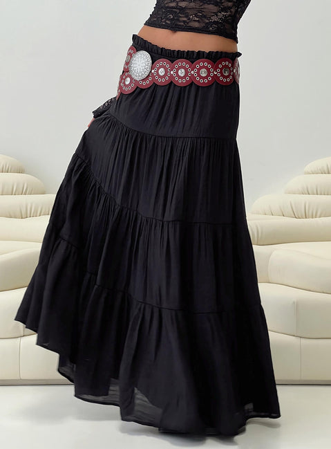 back view of model wearing Princess Polly Mya Maxi Skirt Black Maxi Skirts Skirts 