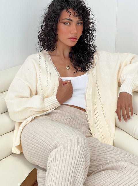 front view of model wearing Princess Polly Oakleigh Cardigan Cream Longline Jumpers Jumpers 