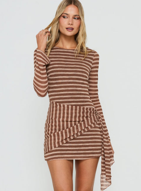 Avenor Long Sleeve Tie Detail Mini Dress Brown / Yellow Stripe