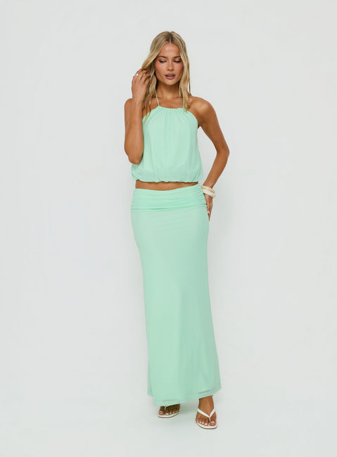 Showcasing the Wild Dune Ruched Waist Maxi Skirt Green womens-skirts in maxi length front view of model wearing Princess Polly
