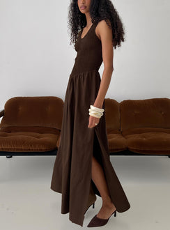 Highgate Drop Waist Pleat Detail Maxi Dress Chocolate