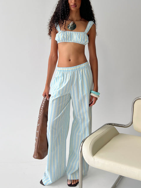 front view of model wearing Princess Polly Talyssa Elasticated Waist Pants Blue Stripe Mid Rise Pants Pants 