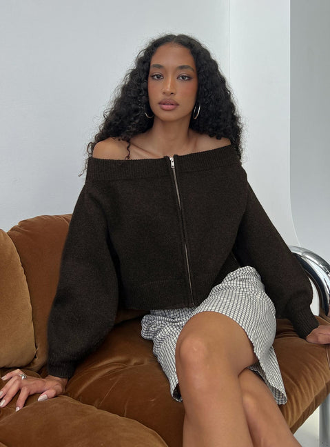 front view of model wearing Princess Polly Ortensa Off Shoulder Zip Through Jumper Brown Jumpers 