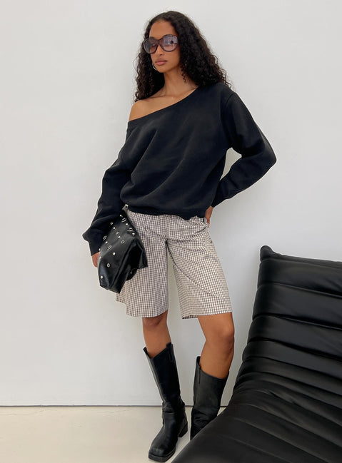 front view of model wearing Princess Polly Wellness Off the Shoulder Jumper Washed Black Longline Jumpers Jumpers 