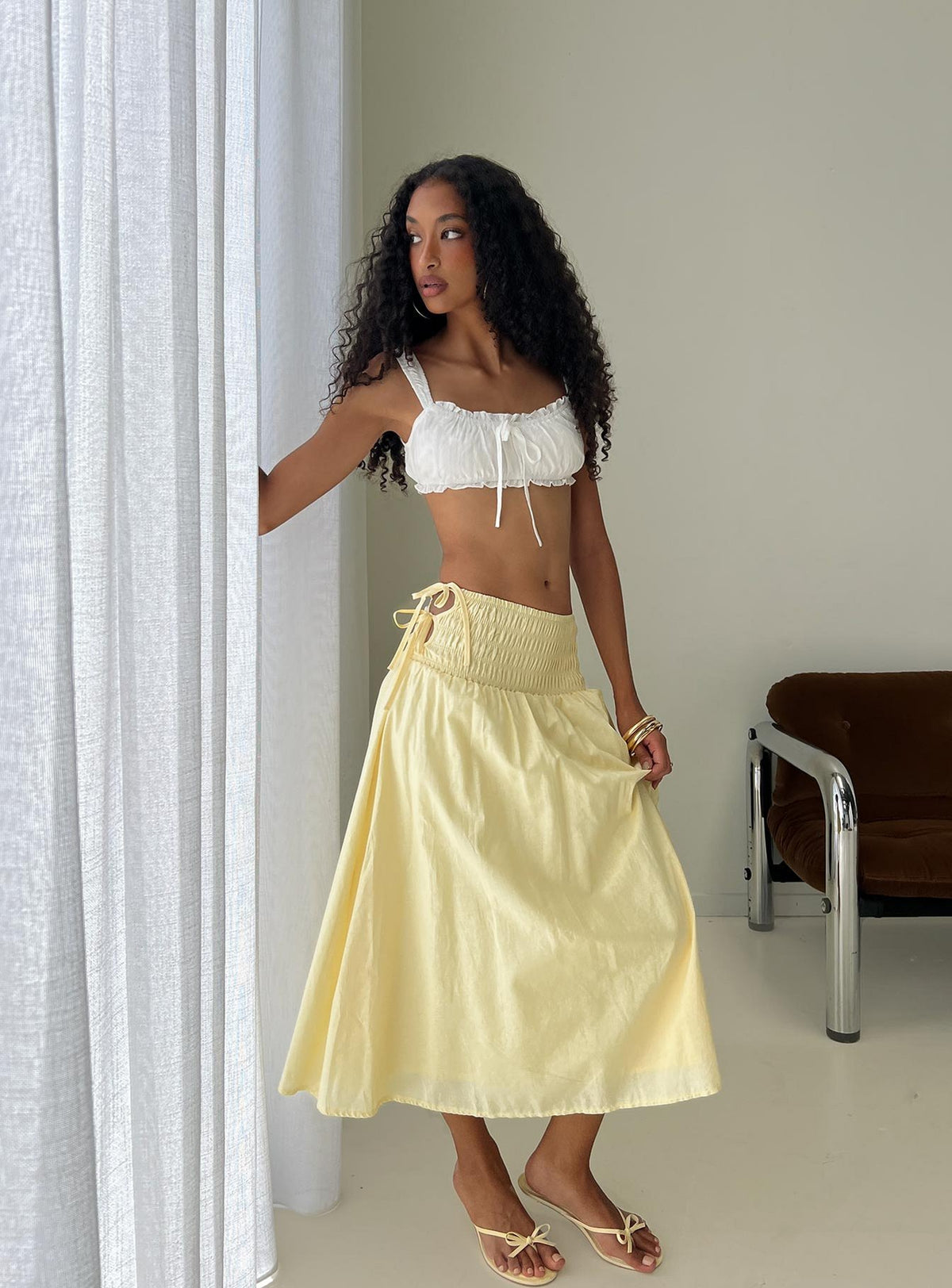 back view of model wearing Princess Polly Vence Ruched Maxi Skirt Lemon Yellow Maxi Skirts Skirts 