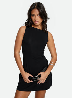 front view of model wearing Princess Polly Bleeker Boatneck Mini Dress Black Crew Neck 