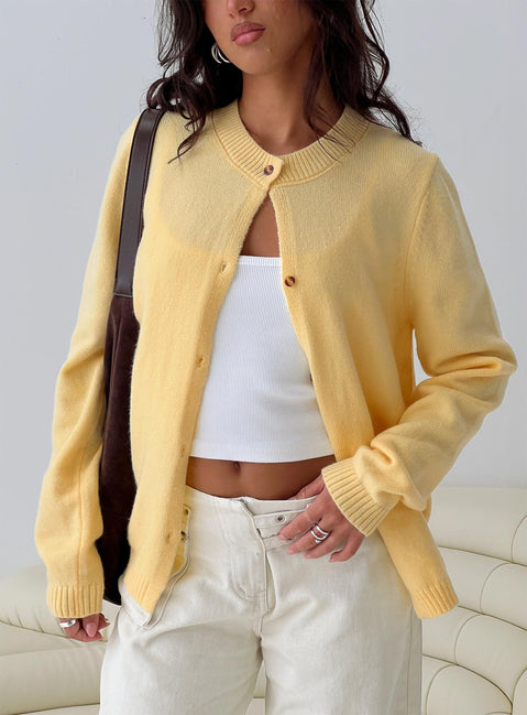 front view of model wearing Princess Polly Arica Button Up Knit Cardigan Lemon Longline Jumpers Jumpers 