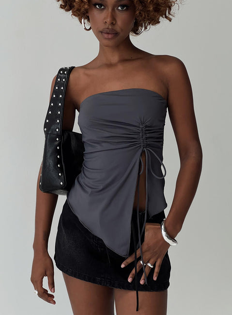 back view of model wearing Princess Polly Dessy Strapless Top Slate Sleeveless straight 