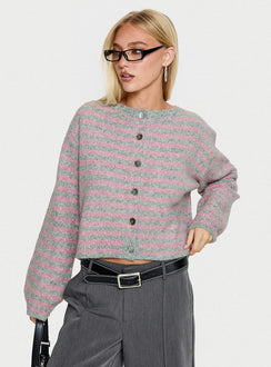 Showcasing the Raynna Button Up Cardigan Pink / Grey Stripe in womens-jumpers with short length front view of model wearing Princess Polly