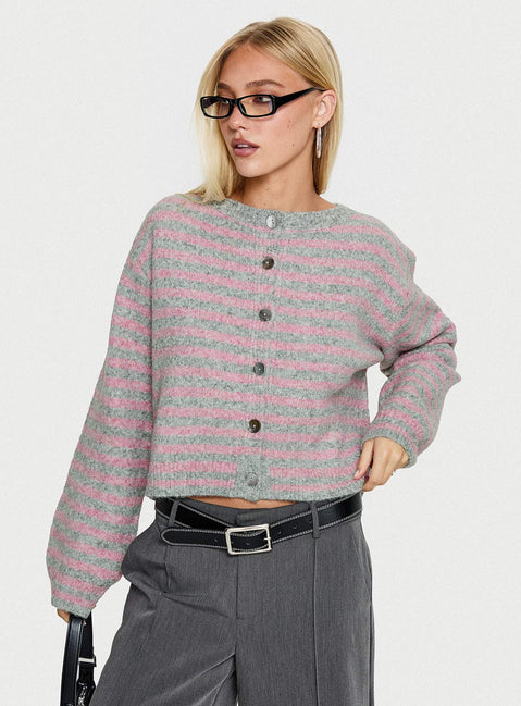 Showcasing the Raynna Button Up Cardigan Pink / Grey Stripe in womens-jumpers with short length front view of model wearing Princess Polly