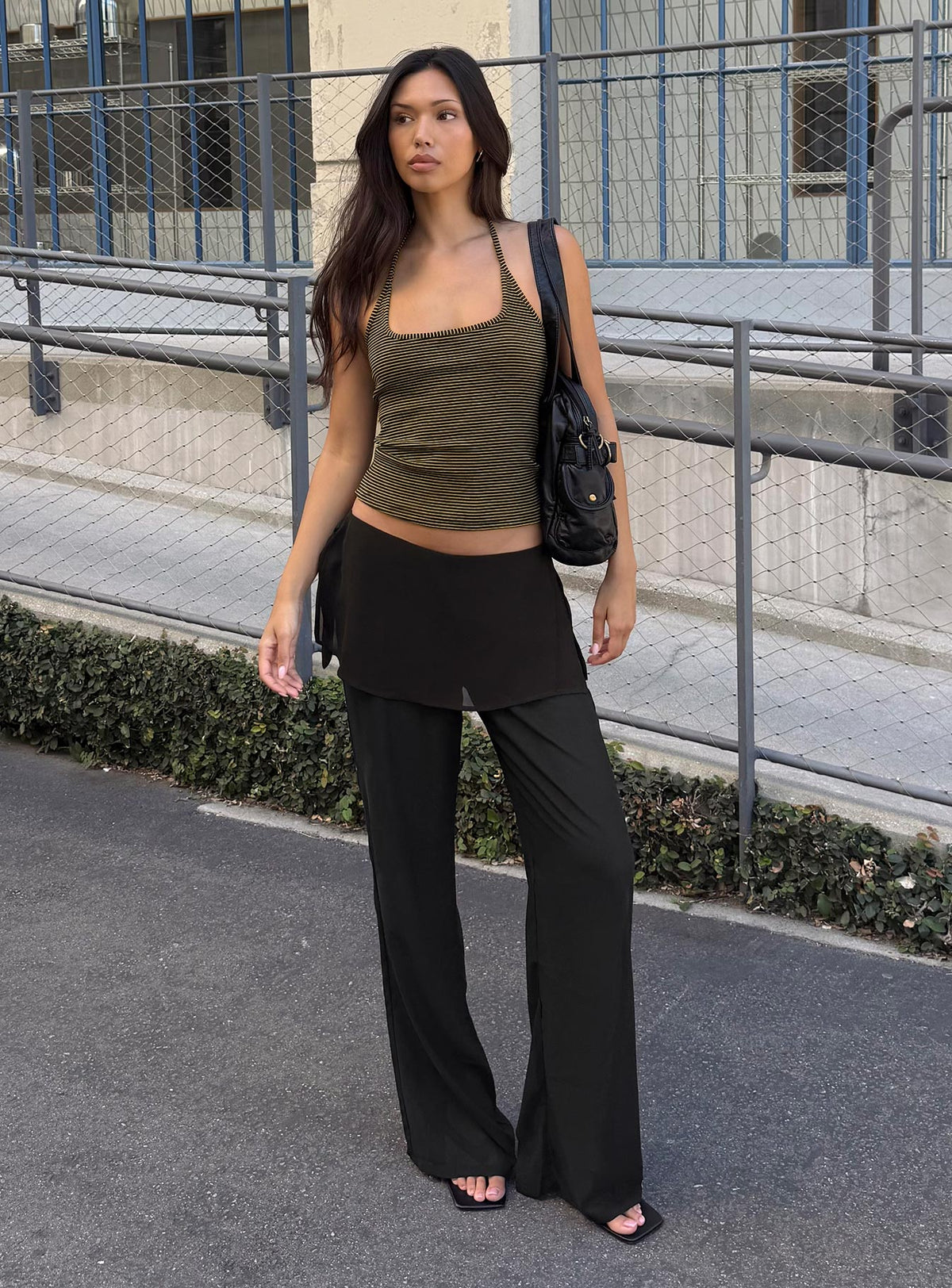 front view of model wearing Princess Polly Jaedon Chiffon Layered Pants Black Mid Rise Pants Pants 