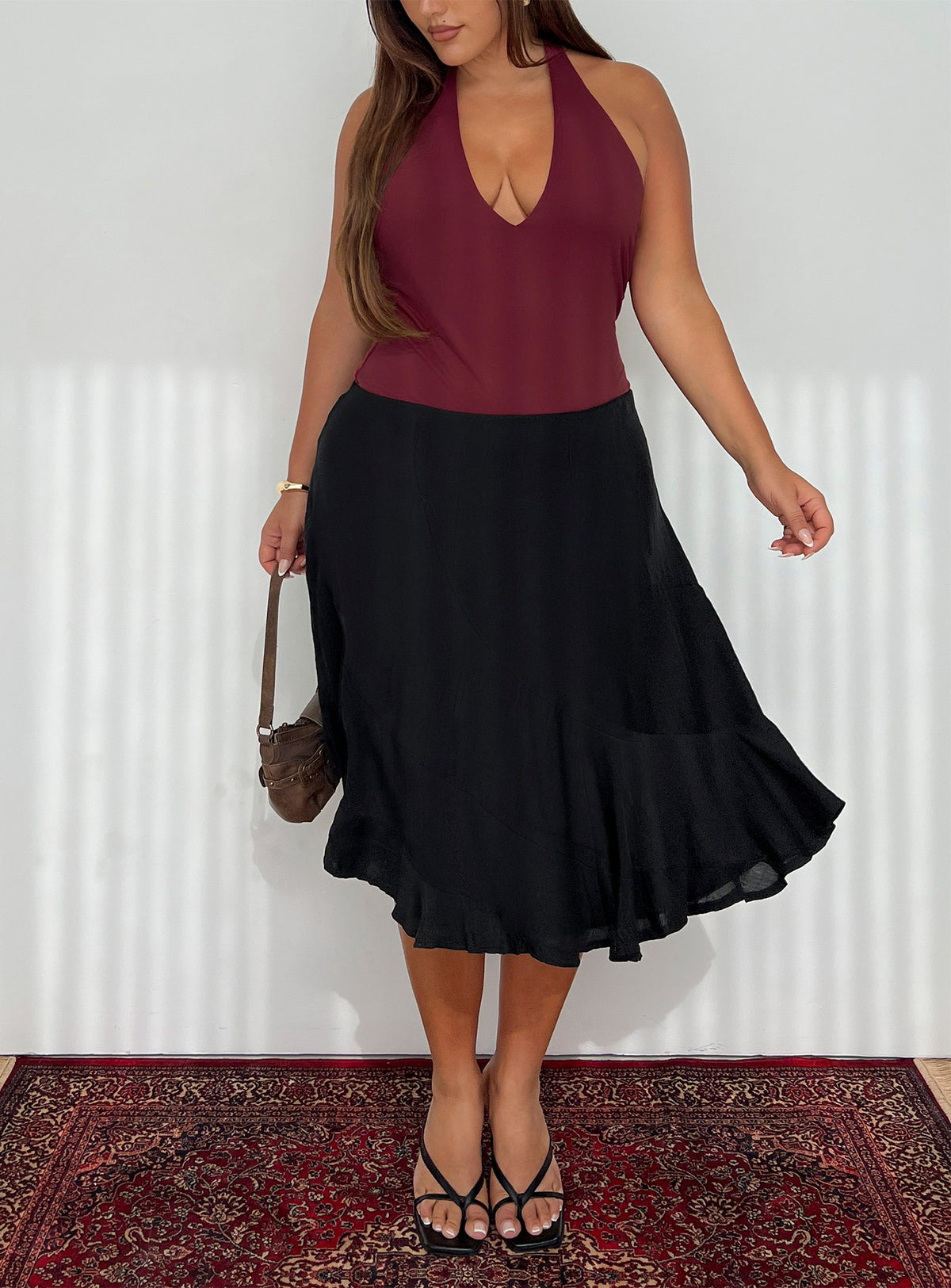   front view of model wearing Princess Polly With Kindness Midi Skirt Black Curve Midi Skirts Skirts 