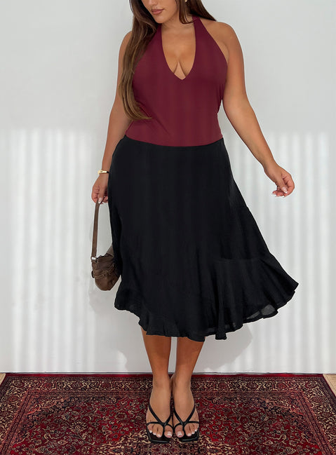   front view of model wearing Princess Polly With Kindness Midi Skirt Black Curve Midi Skirts Skirts 