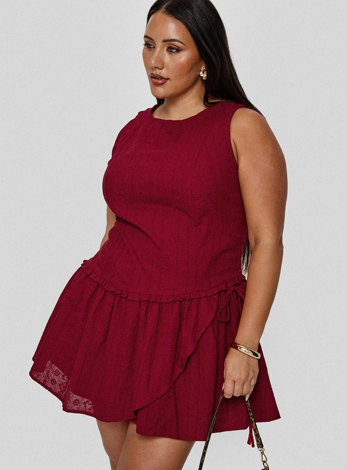 side view of model wearing Princess Polly Cosie Mini Dress Red Curve Crew Neck 