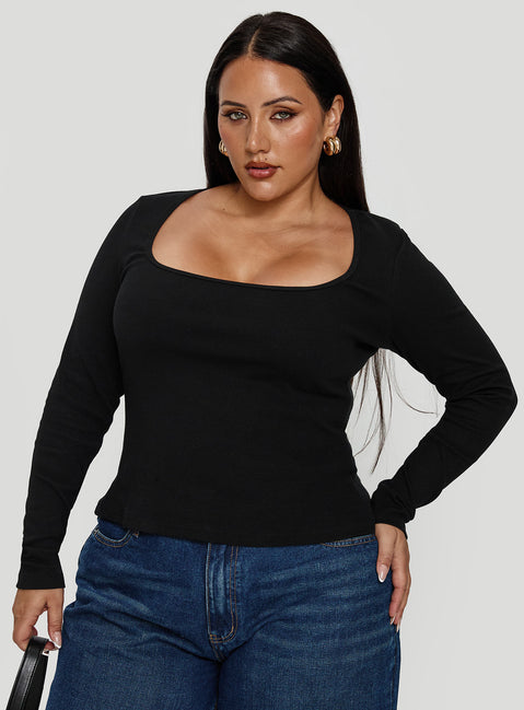 front view of model wearing Princess Polly Baseline Long Sleeve Top Black Curve Full Sleeves Square Neck 
