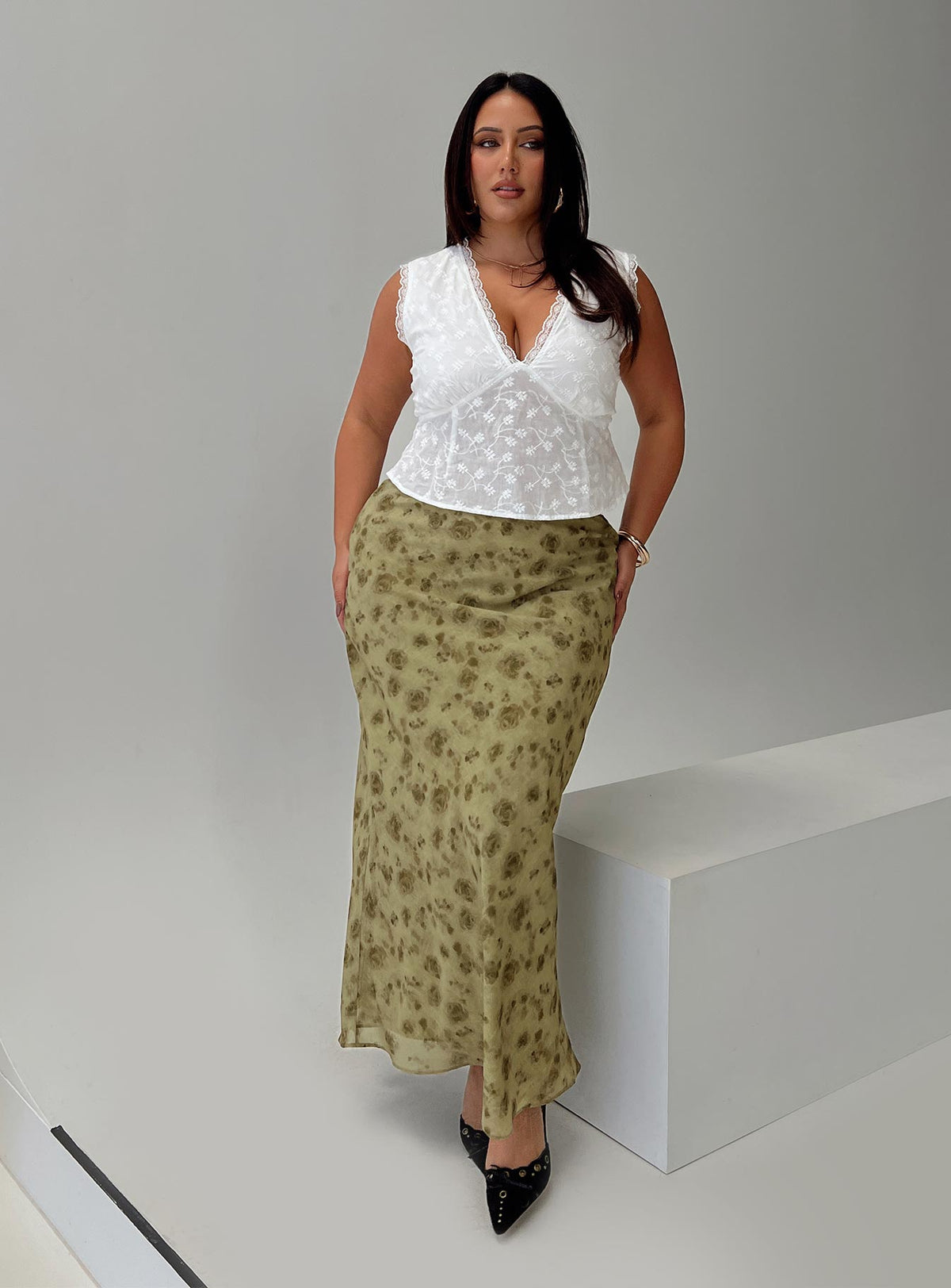 back view of model wearing Princess Polly Piazia Maxi Skirt Green Curve Maxi Skirts Skirts 